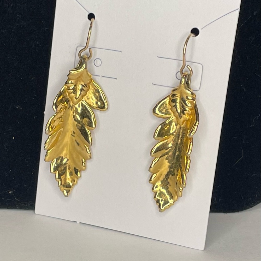 Gold Tone Leaf Dangle Earrings - Picture 3 of 4